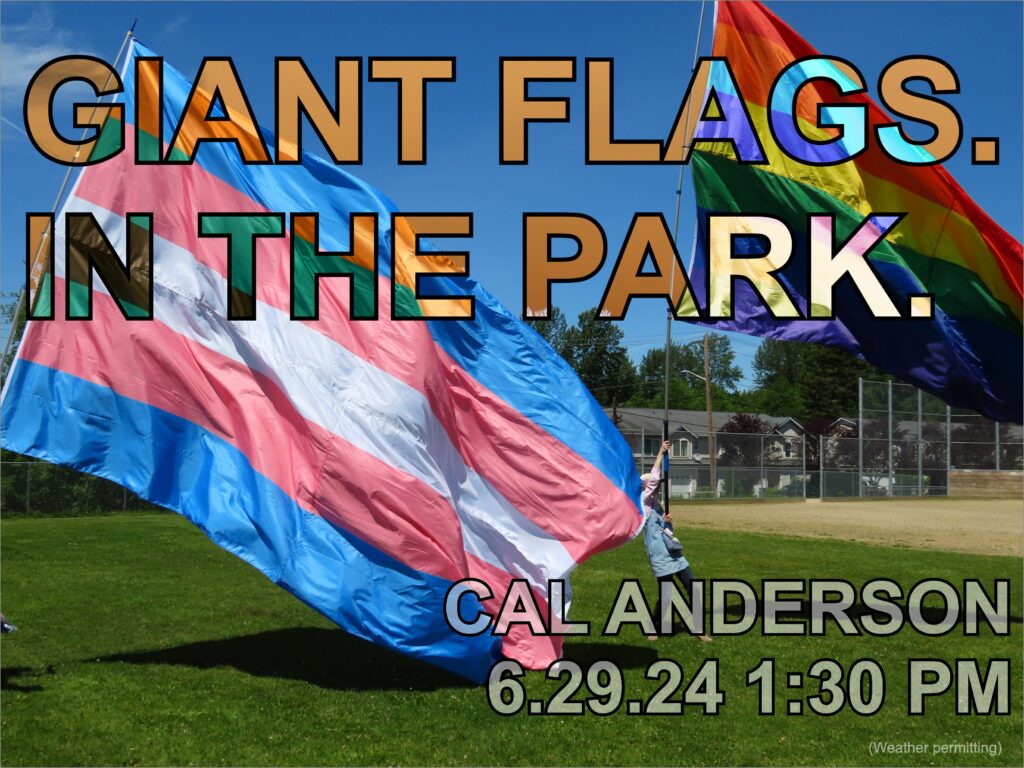 Two ginormous pride flags being flown, one trans, one rainbow, with the overlaid text "Giant Flags In The Park", and a location of "Cal Anderson Park, 6/29/24, 1:30 PM, Weather Permitting"